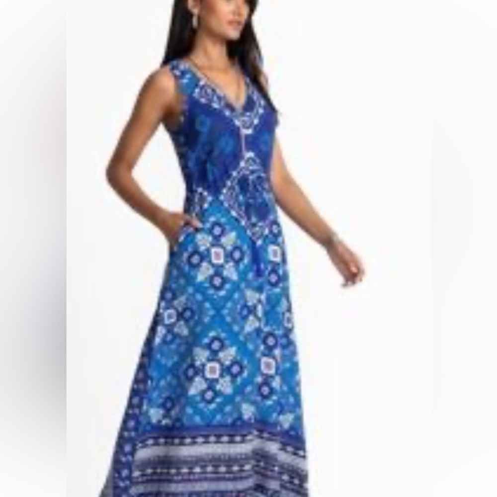 New Johnny Was Blue Floral Maxi Dress Linen  size L